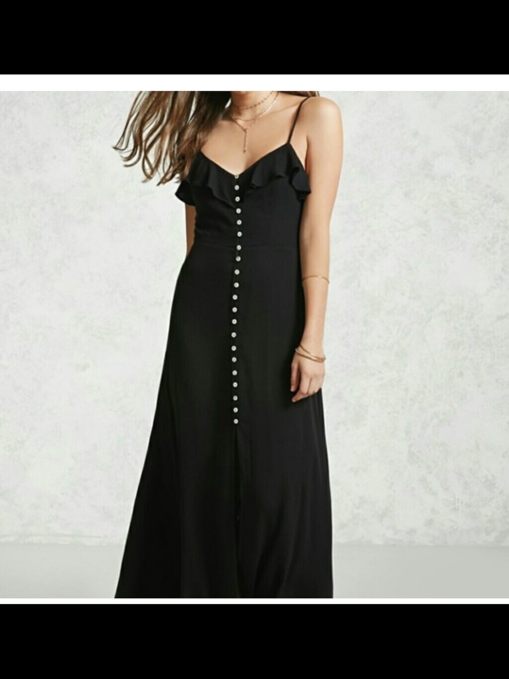 Forever 21 Black Ruffle-Detail Maxi Dress with Front Buttons